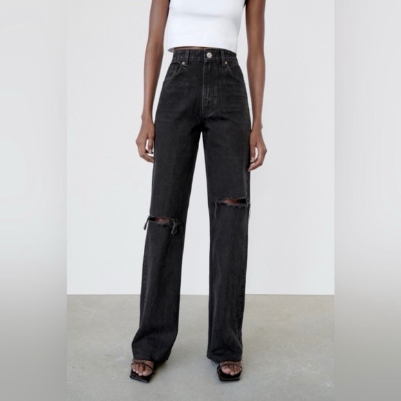 Zara Denim - Zara Black Distressed Ripped Knee High Waisted Wide Leg Jeans Cuffed Denim